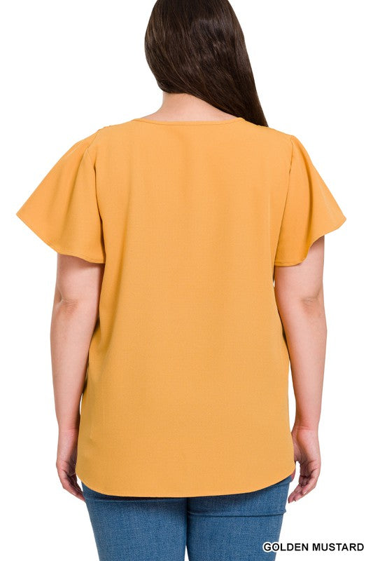 WOVEN FLUTTER SLEEVE V-NECK TOP