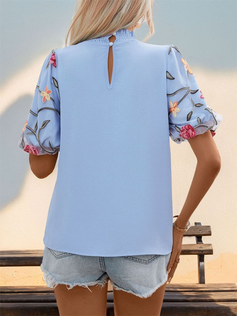 Embroidered Mock Neck Puff Sleeve Blouse