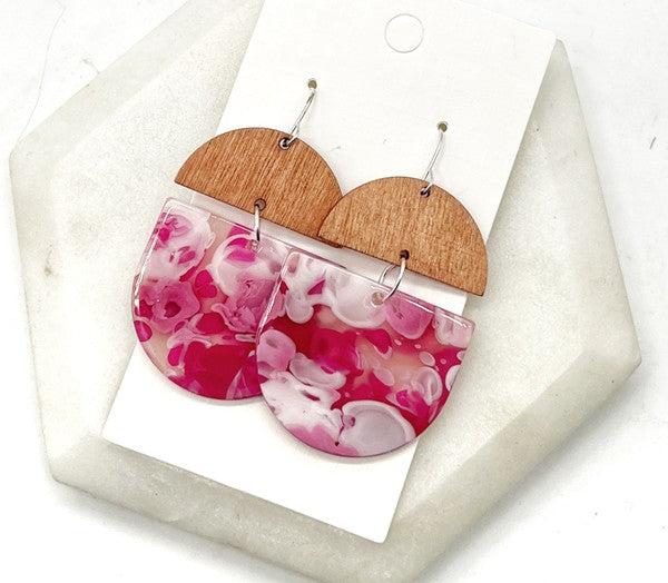 Pink Swirl Acrylic Wood Deco Valentines Earrings