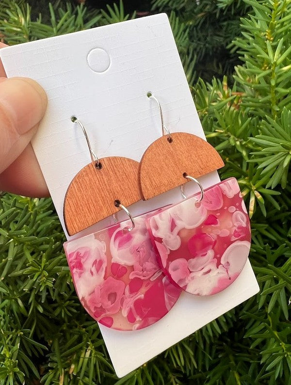 Pink Swirl Acrylic Wood Deco Valentines Earrings