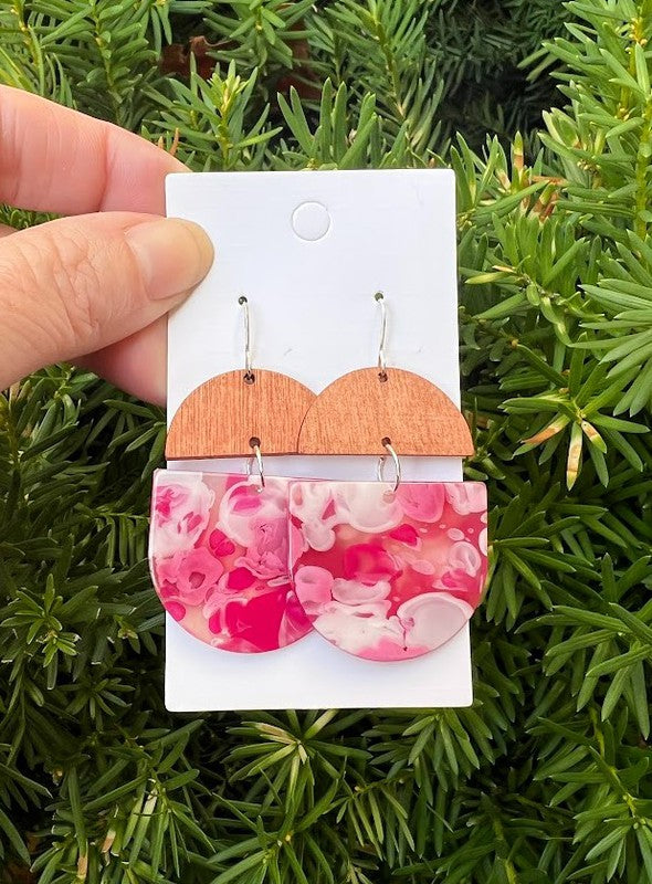 Pink Swirl Acrylic Wood Deco Valentines Earrings