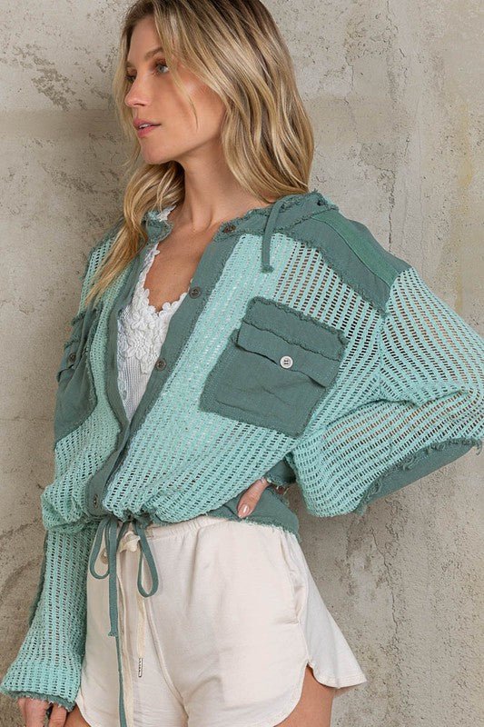 Open Knit Button Down Pocket Hooded Shirt Top