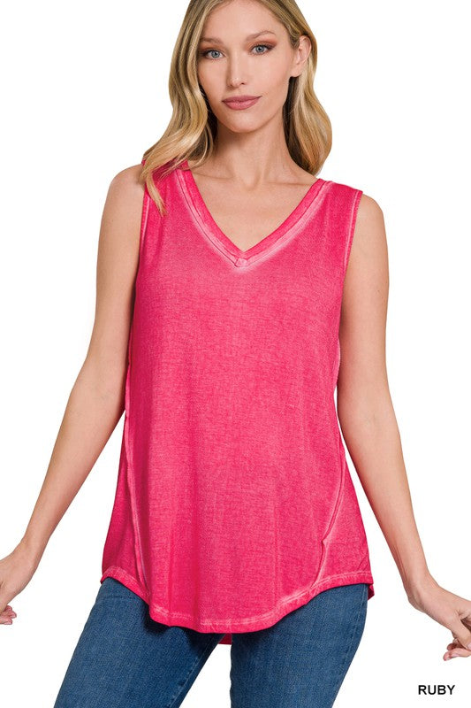 WASHED SLEEVELESS V-NECK TOP W HI-LOW HEM