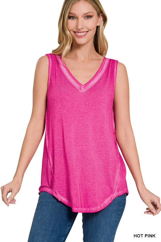 WASHED SLEEVELESS V-NECK TOP W HI-LOW HEM