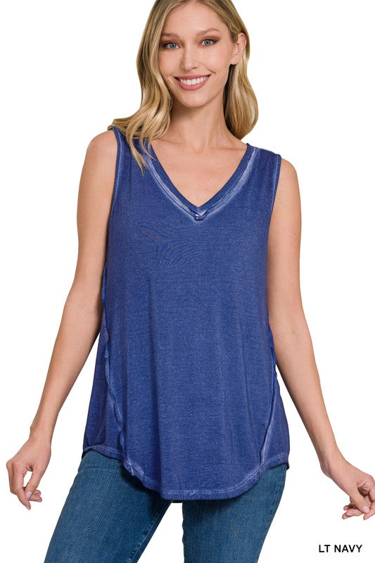 WASHED SLEEVELESS V-NECK TOP W HI-LOW HEM