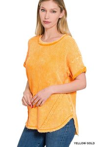 WASHED WAFFLE ROLLED UP SHORT SLEEVE TOP
