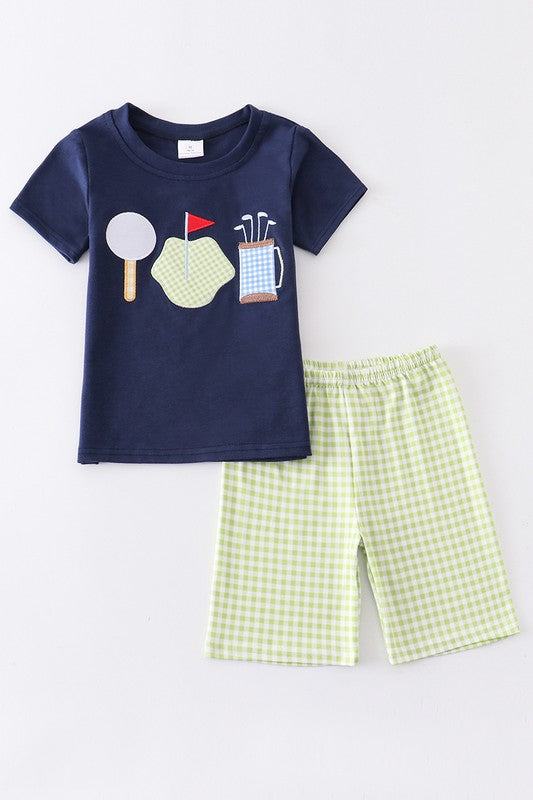 Navy golf embroidery boy short set