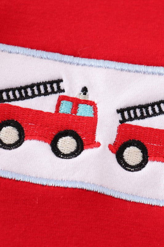 Red fire engine embroidery boy top