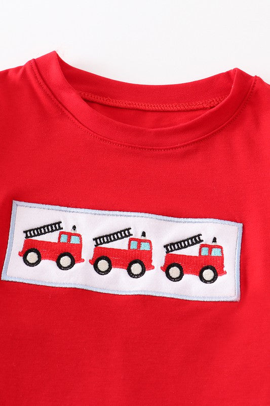 Red fire engine embroidery boy top