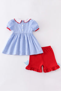 Red flag patriotic embroidery plaid girl set