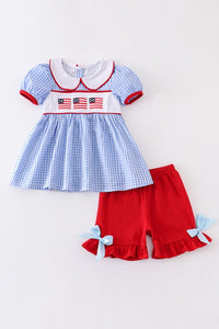 Red flag patriotic embroidery plaid girl set