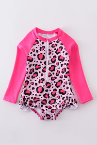Pink leopard ruffle girl swimsuit