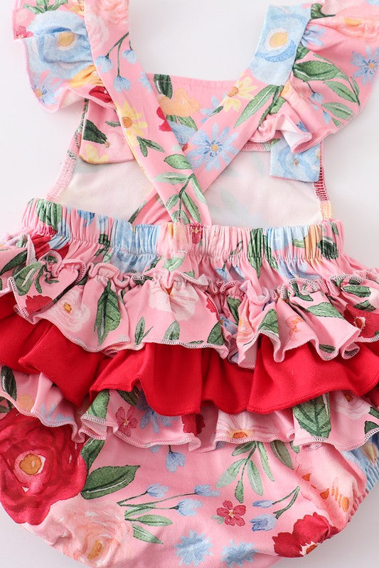 Pink floral ruffle baby romper