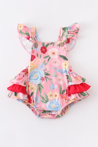 Pink floral ruffle baby romper