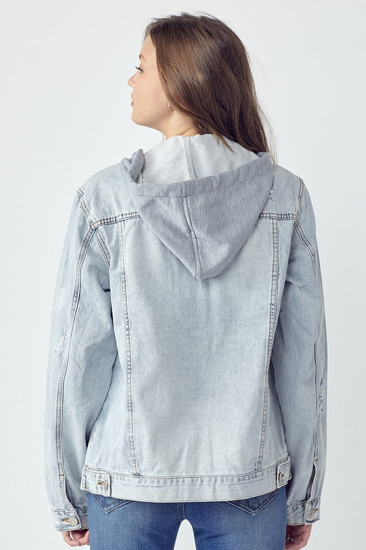 RISEN Full Size Distressed Drawstring Hooded Denim Jacket