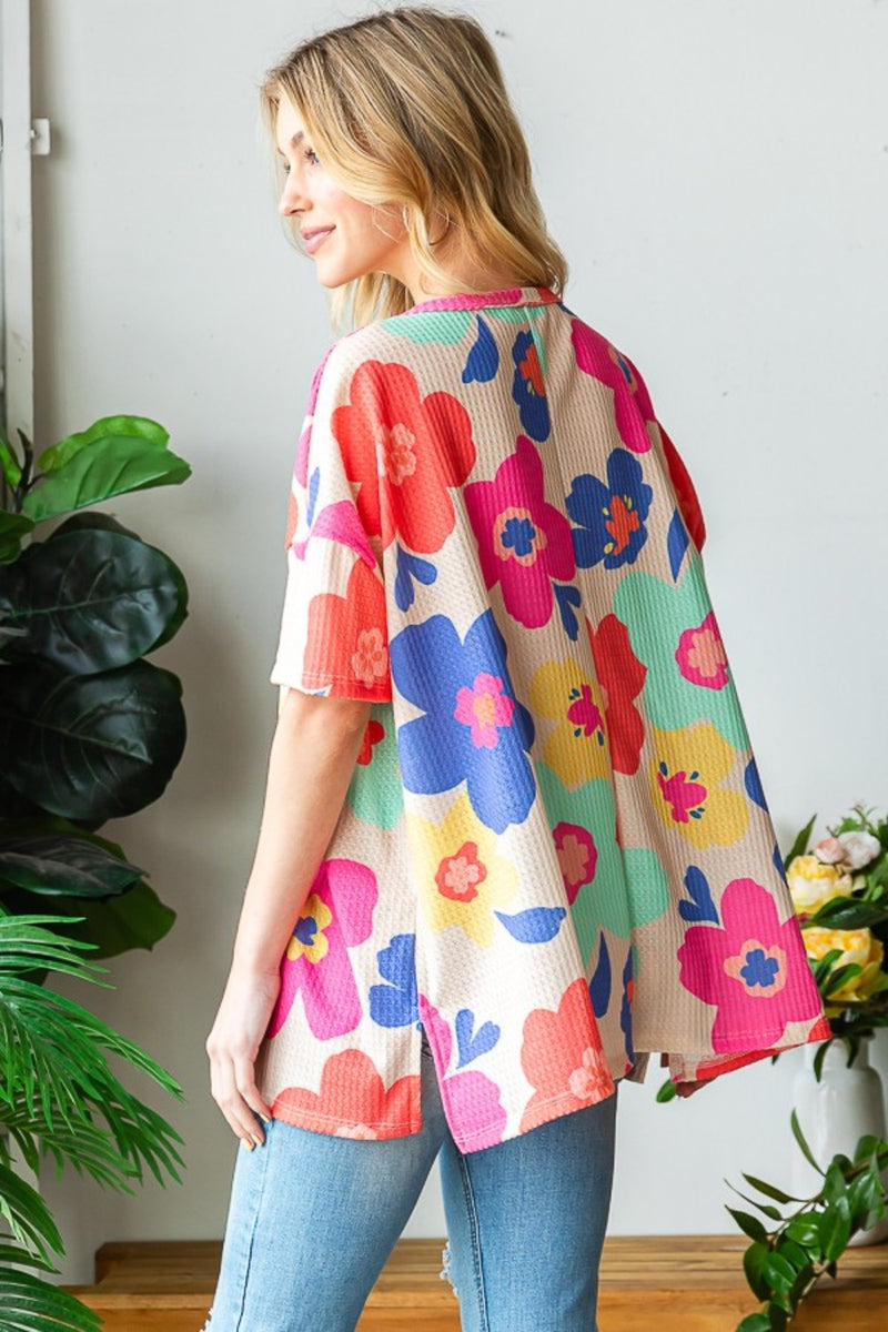 HOPELY Full Size Floral V-Neck Side Slit T-Shirt