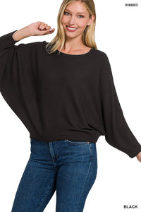 Ribbed Batwing Long Sleeve Boat Neck Sweater