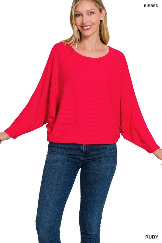 Ribbed Batwing Long Sleeve Boat Neck Sweater