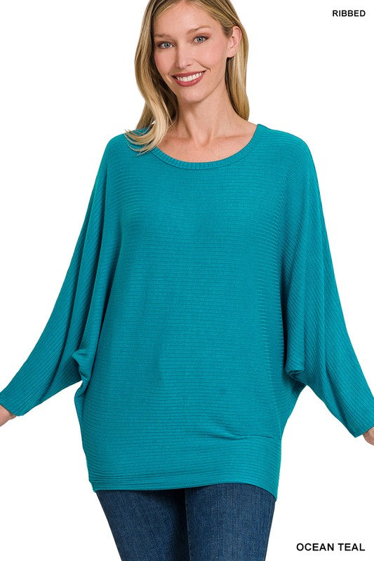 Ribbed Batwing Long Sleeve Boat Neck Sweater