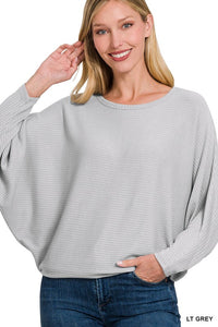 Ribbed Batwing Long Sleeve Boat Neck Sweater