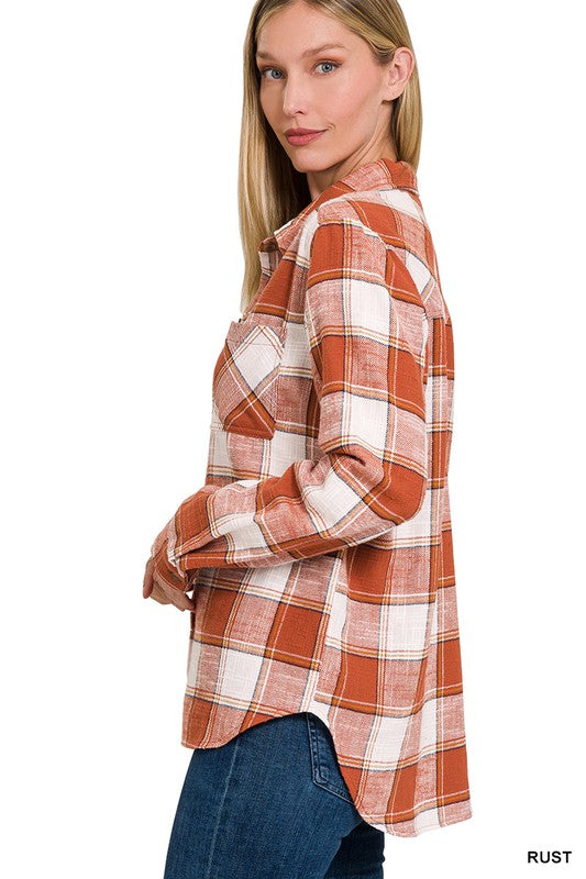 Cotton Plaid Shacket With Front Pocket