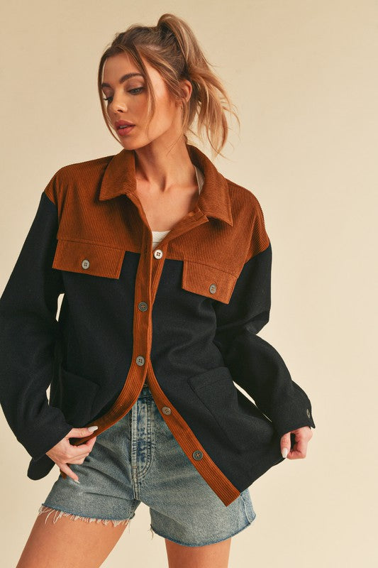 Aemi + Co Two Tone Button Up Jacket with Pockets