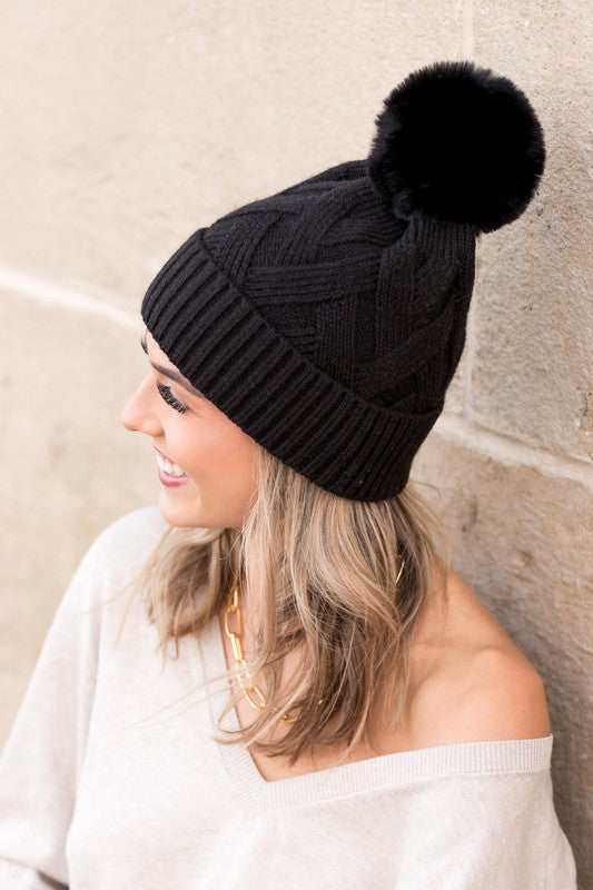 Chunky Knit Fur Pom Beanie