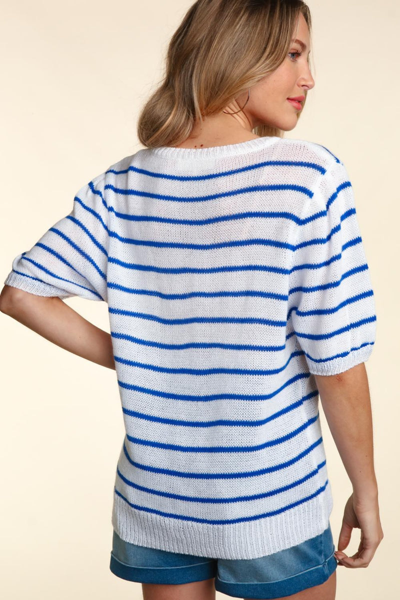 Haptics America Letter Embroidery Striped Knit Top