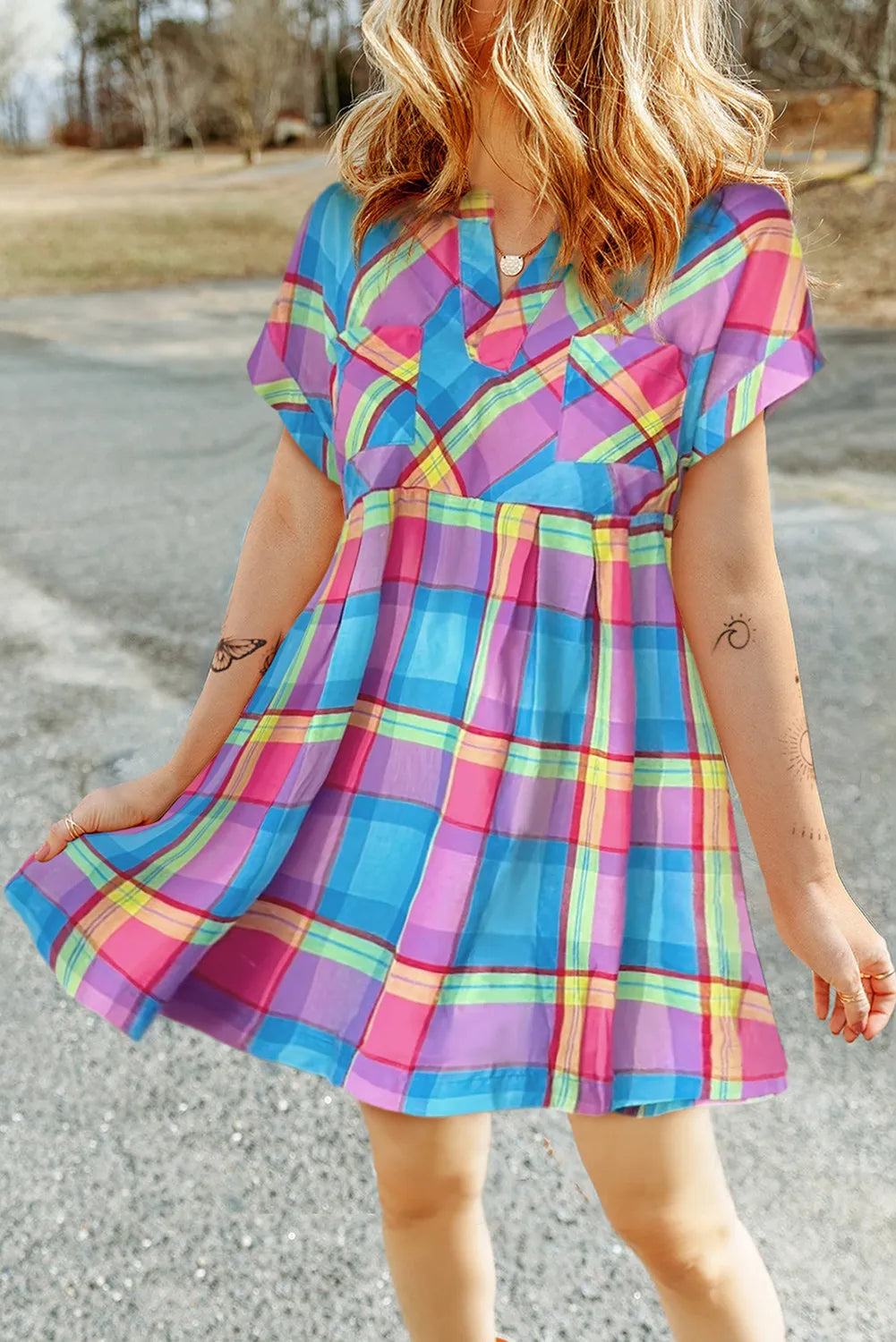 Plaid Notched Short Sleeve Mini Dress – Blue Hawthorn Boutique