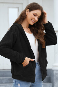 Zip Up Long Sleeve Fuzzy Hooded Outerwear