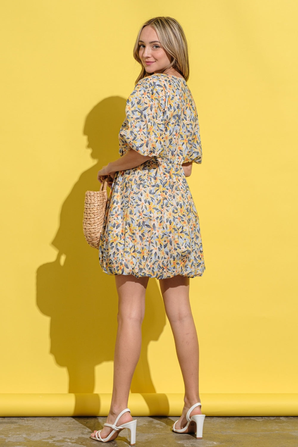 And The Why Full Size Floral Surplice Puff Sleeve Dress