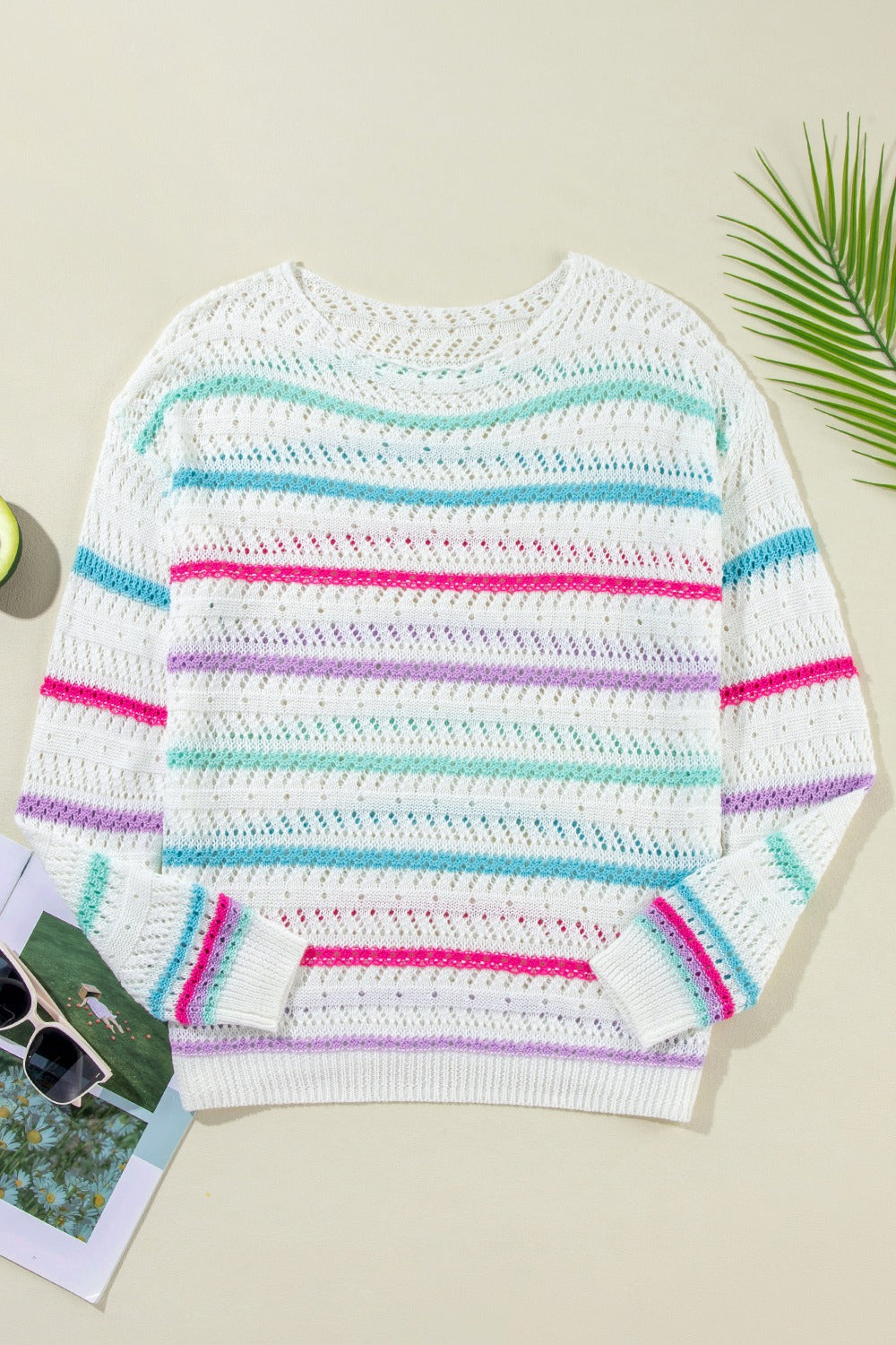 Openwork Striped Long Sleeve Knit Cover Up