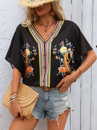 Decorative Button Printed V-Neck Half Sleeve Blouse