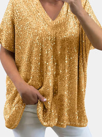 Full Size Sequin V-Neck Short Sleeve Top