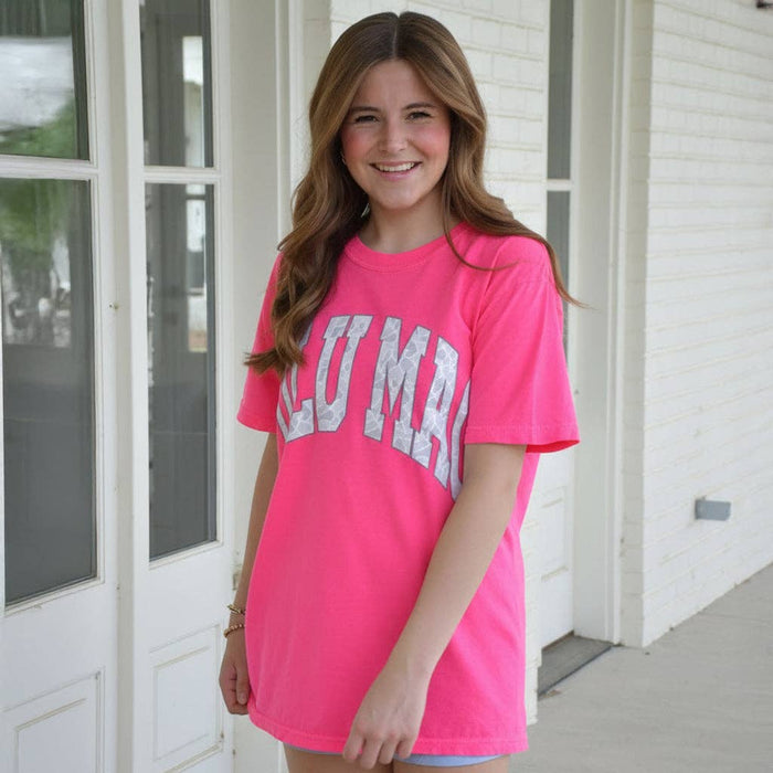 LuLu Mac Camo on Neon Pink Comfort Colors Tee