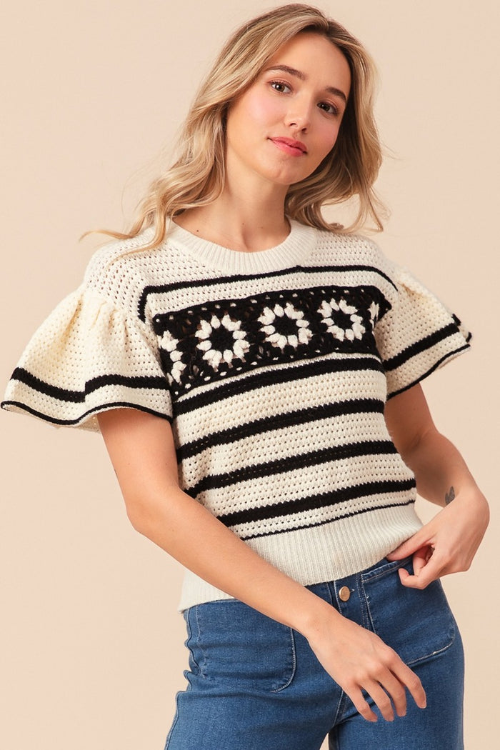 BiBi Granny Square Short Sleeve Striped Sweater