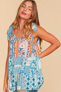 ETHNIC PATCHWORK TIE SHOULDER BABYDOLL