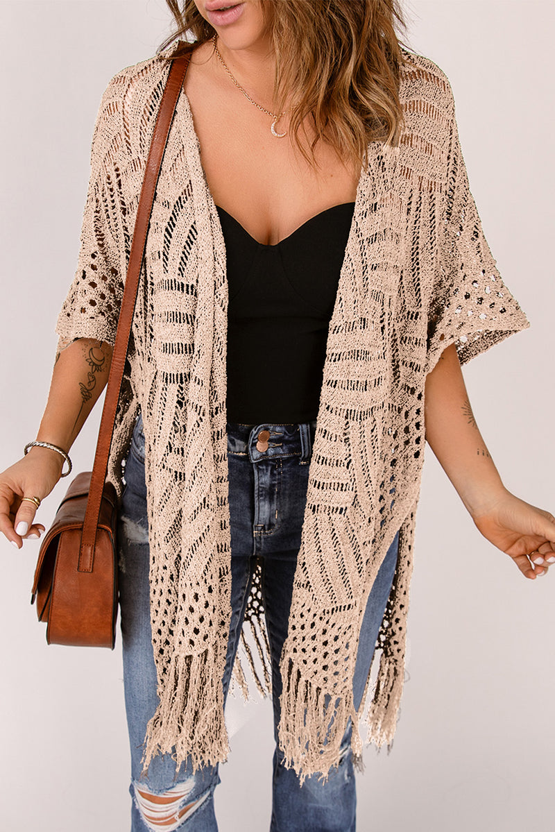 Openwork Open Front Cardigan with Fringes