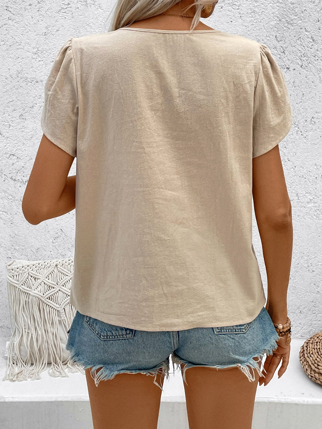 Notched Short Sleeve Blouse