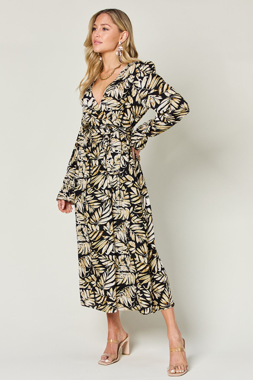 Double Take Full Size Tie Back Flounce Sleeve Dress