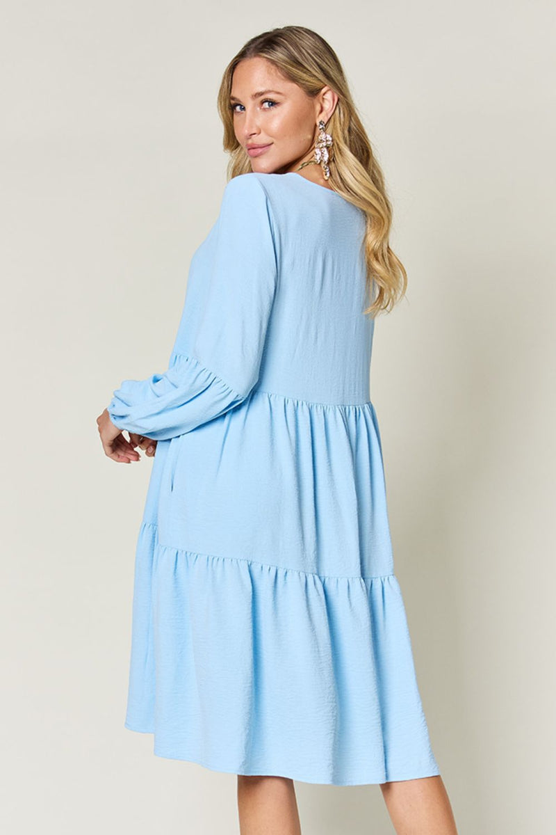 Double Take Full Size V-Neck Balloon Sleeve Tiered Dress