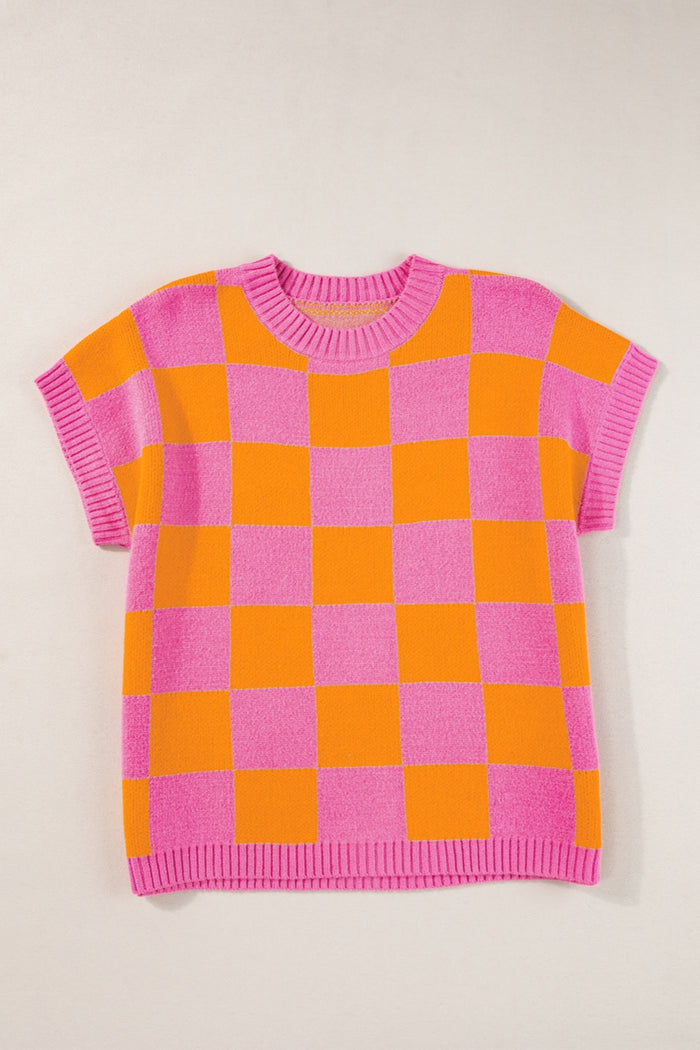 Checkered Round Neck Short Sleeve Sweater