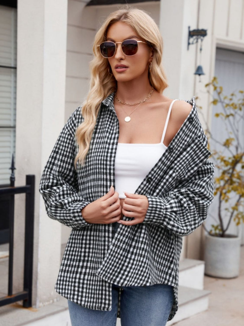 Mandy Pocketed Plaid Collared Neck Long Sleeve Shirt