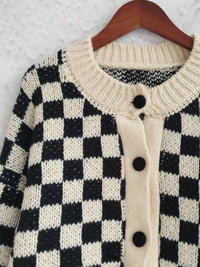 Checkered Button Up Round Neck Cardigan