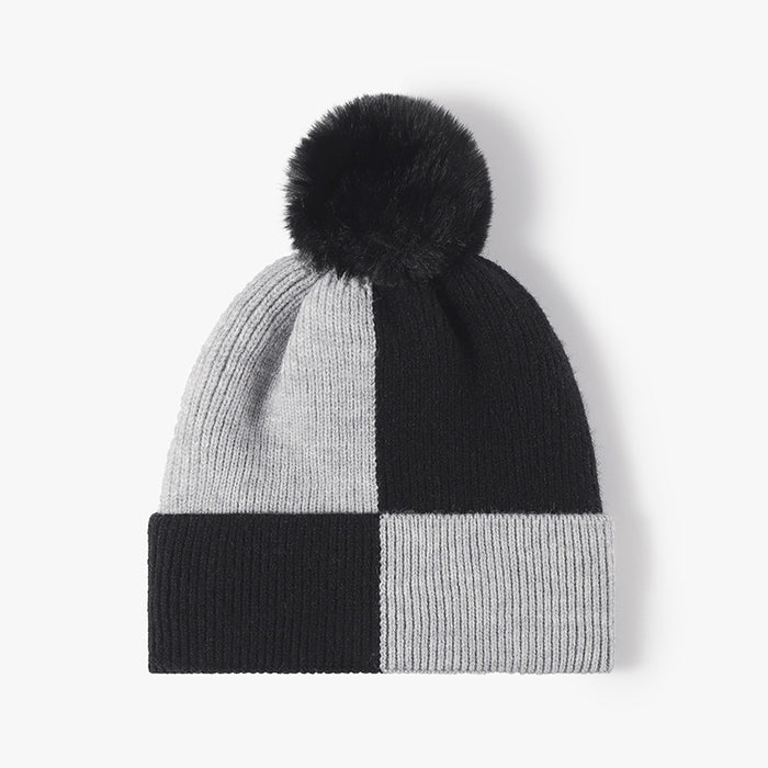 Color Block Knit Hat with Pom-pom