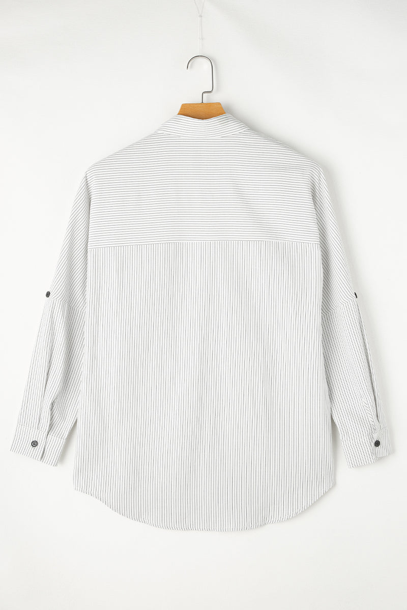Pocketed Striped Collared Neck Long Sleeve Shirt