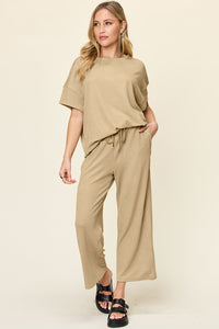 Double Take Full Size Texture Round Neck Short Sleeve T-Shirt and Wide Leg Pants