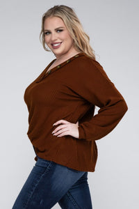 Plus Brushed Waffle V-Neck Button Detail Sweater