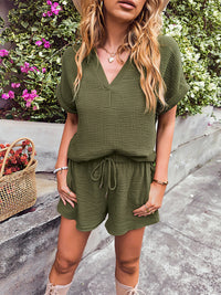 Notched Short Sleeve Top and Shorts Set