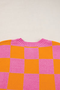 Checkered Round Neck Short Sleeve Sweater